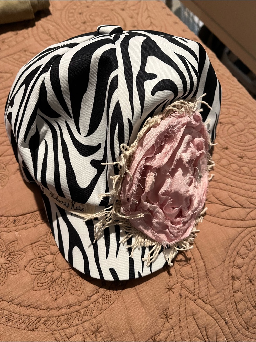 Brand New Blueberry Kate Zebra Print Hat with Pink Floral Accent